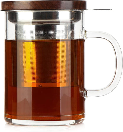 Tea Cup with Infuser Walnut Lid&Handle, Glass Tea Cups with Wide Mouth Extra Large Capacity, Stainless Steel Tea Infuser Mug for Loose Leaf Tea Steeping(14oz/400ml)