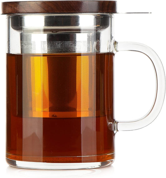 Tea Cup with Infuser Walnut Lid&Handle, Glass Tea Cups with Wide Mouth Extra Large Capacity, Stainless Steel Tea Infuser Mug for Loose Leaf Tea Steeping(14oz/400ml)