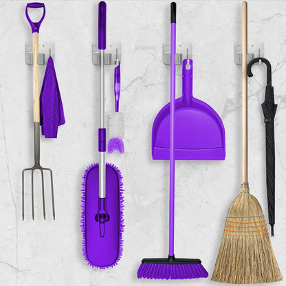 Stainless Steel Broom Holder, Heavy Duty, Rust Resistant, 4 Gripper Positions with 4 Hooks, Black | Drill-Mounted Gripper Rack Holds Brooms, Mops and Garden Tools Safely in the Laundry Room, Kitchen, Garage, Garden and Shed