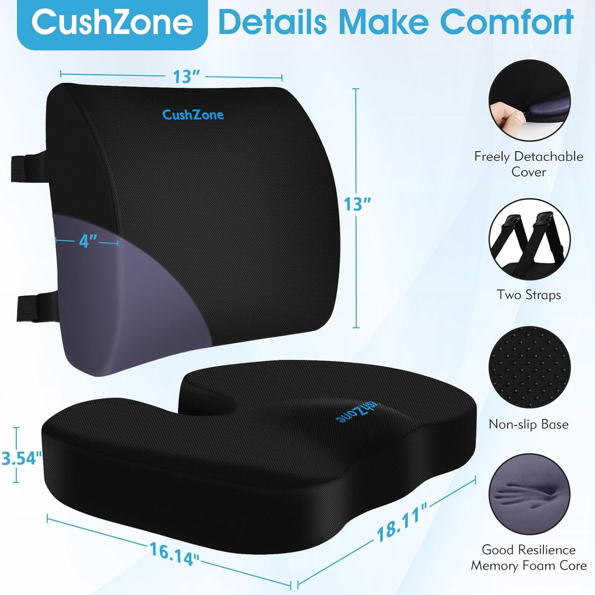 CushZone Seat Cushion and Lumbar Support Pillow for Office Chair, Black