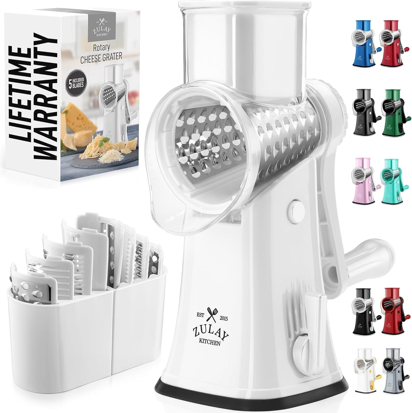 Zulay Kitchen Rotary Cheese Grater 5 Blade Cheese Shredder - Manual Hand Crank Cheese Grater With Reinforced Suction & 5 Interchangeable Drums - Easy to Use, Vegetable Chopper Round Mandoline Slicer - Colors A
