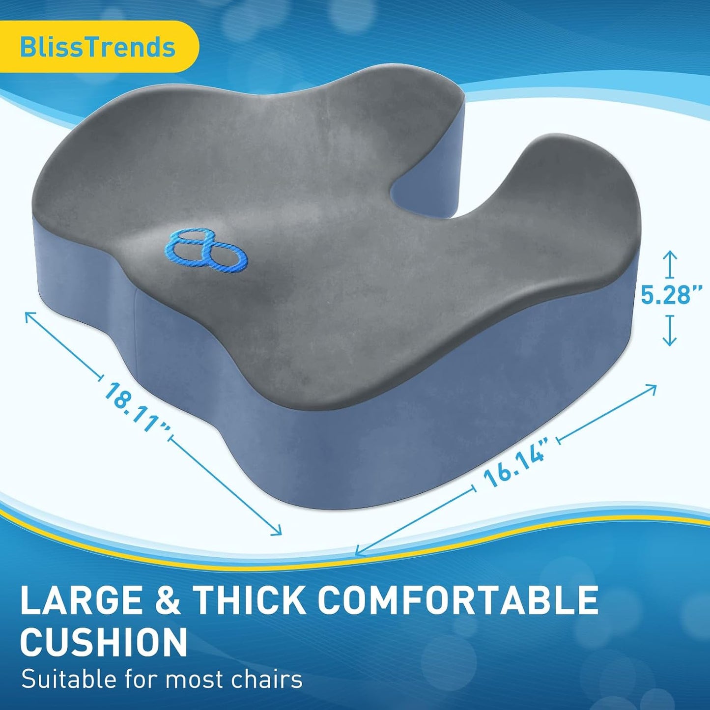 BlissTrends Memory Foam Seat Cushion for Office Chair & Car Seat, Black | 4.7in Ergonomic Tailbone & Sciatica Support with Removable Velvet Cover for Pressure Relief and Long Sitting Comfort