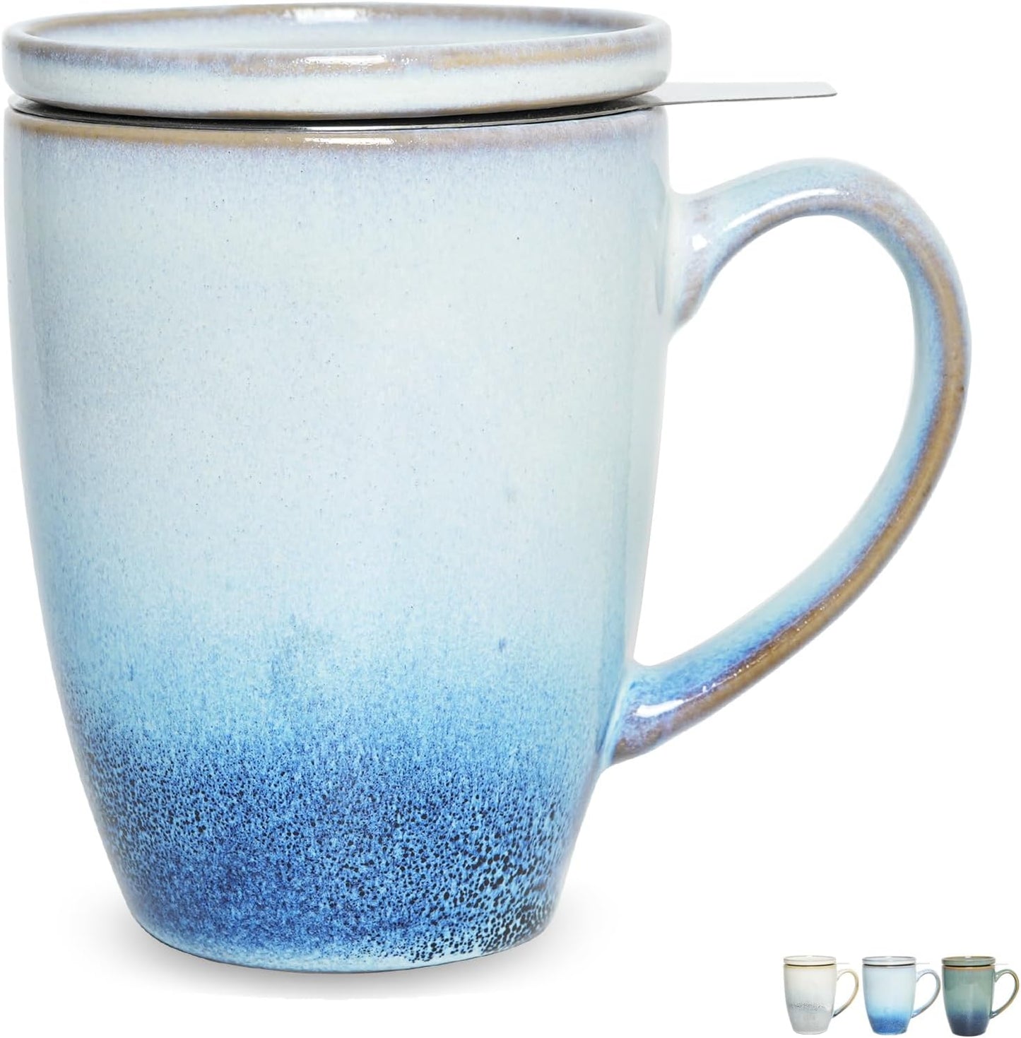 Bosmarlin Ceramic Tea Cup with Infuser and Lid, 13.5 Oz, Loose Leaf Tea Steeper Mug with Strainer, Microwave and Dishwasher Safe, Reactive Glaze (13.5 Oz, Pale Green)