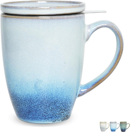 Bosmarlin Ceramic Tea Cup with Infuser and Lid, 13.5 Oz, Loose Leaf Tea Steeper Mug with Strainer, Microwave and Dishwasher Safe, Reactive Glaze (13.5 Oz, Pale Green)