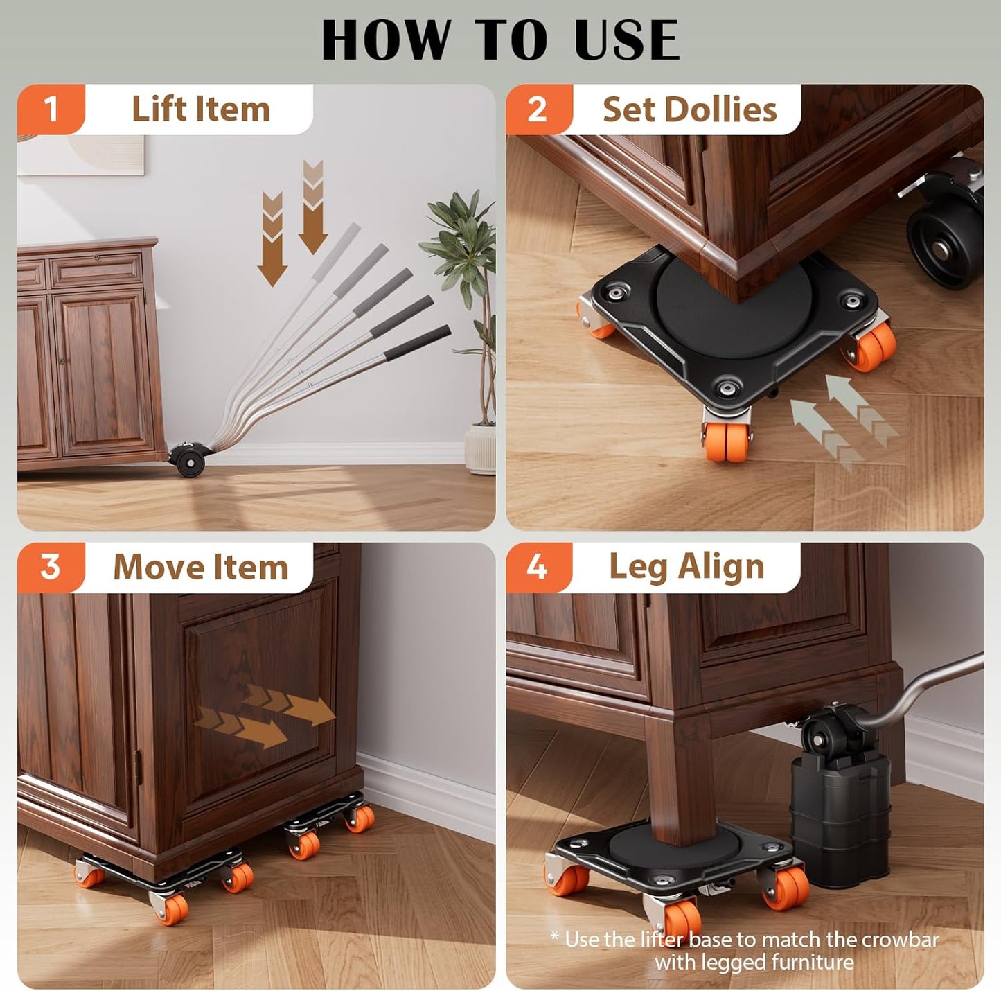 ONEON Heavy Duty Furniture Movers with Wheels Dolly with Auxiliary Lifter, All-New Upgraded Carbon Steel Panels & Dual-Wheeled Casters, Supports up to 1650 lbs (L)
