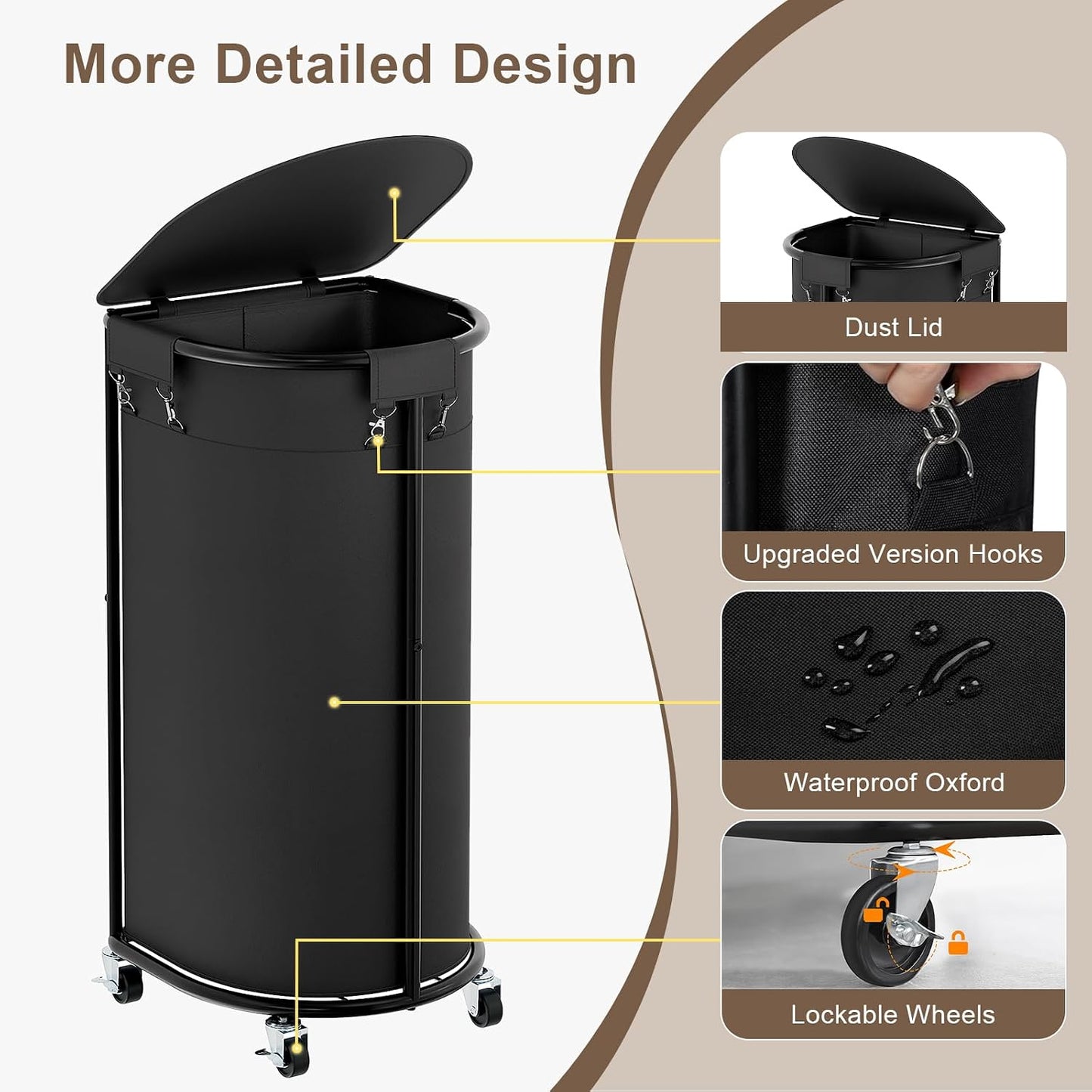 Laundry Hamper with Wheels and Lid, 100L Half Round Rolling Laundry Basket | Gasvadivum Sturdy Metal Frame Laundry Cart with Removable Bag, Dirty Clothes sorter Organizer for Bathroom, Bedroom, Black