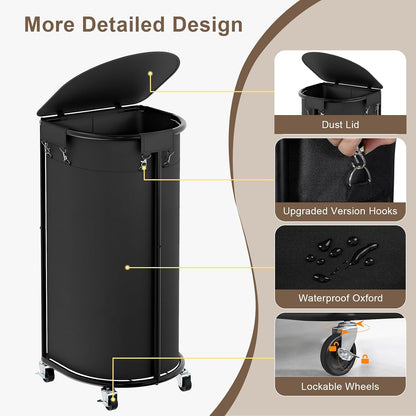 Laundry Hamper with Wheels and Lid, 100L Half Round Rolling Laundry Basket | Gasvadivum Sturdy Metal Frame Laundry Cart with Removable Bag, Dirty Clothes sorter Organizer for Bathroom, Bedroom, Black