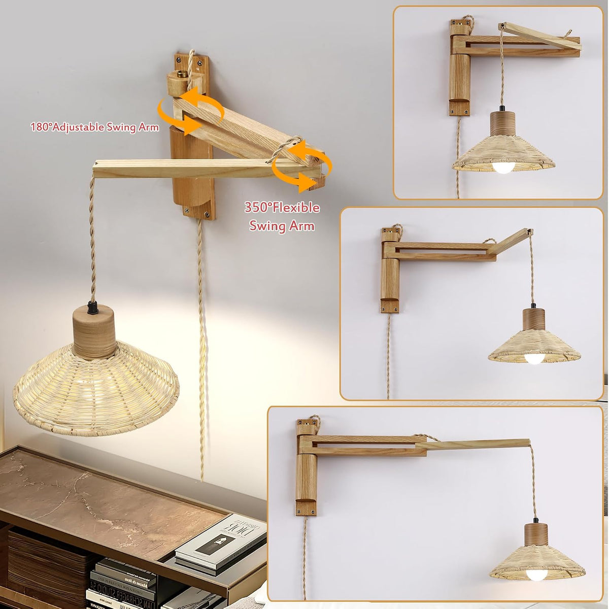 maesta Plug in Wall Lamp, Wood Swing Arm Wall Sconce for Bedroom