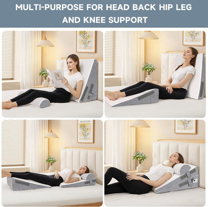 Bed Wedge Pillow for Sleeping, 3 Pcs Adjustable Height 4.5&7.5&12 Inch Triangle Pillow Wedge for Post Surgery, Acid Reflux, Snoring, Legs Pain Relief (Gray)