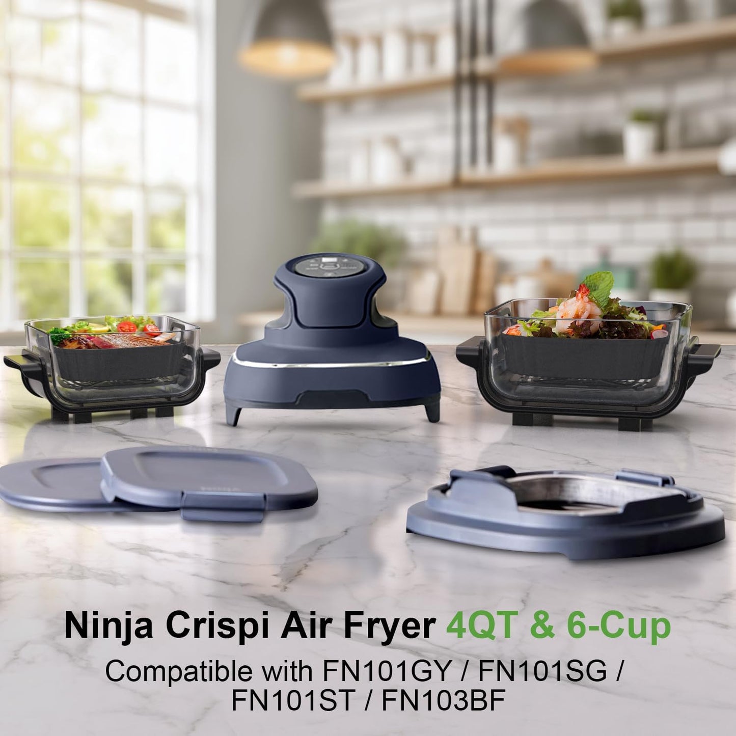 Square Silicone Air Fryer Liners for Ninja Crispi FN101GY FN101SG FN101ST FN101MT FN101PL Large for 4Qt, Small for 6Cup, Reusable Basket Trays, 4-in-1 Portable Glass Airfryer Accessories