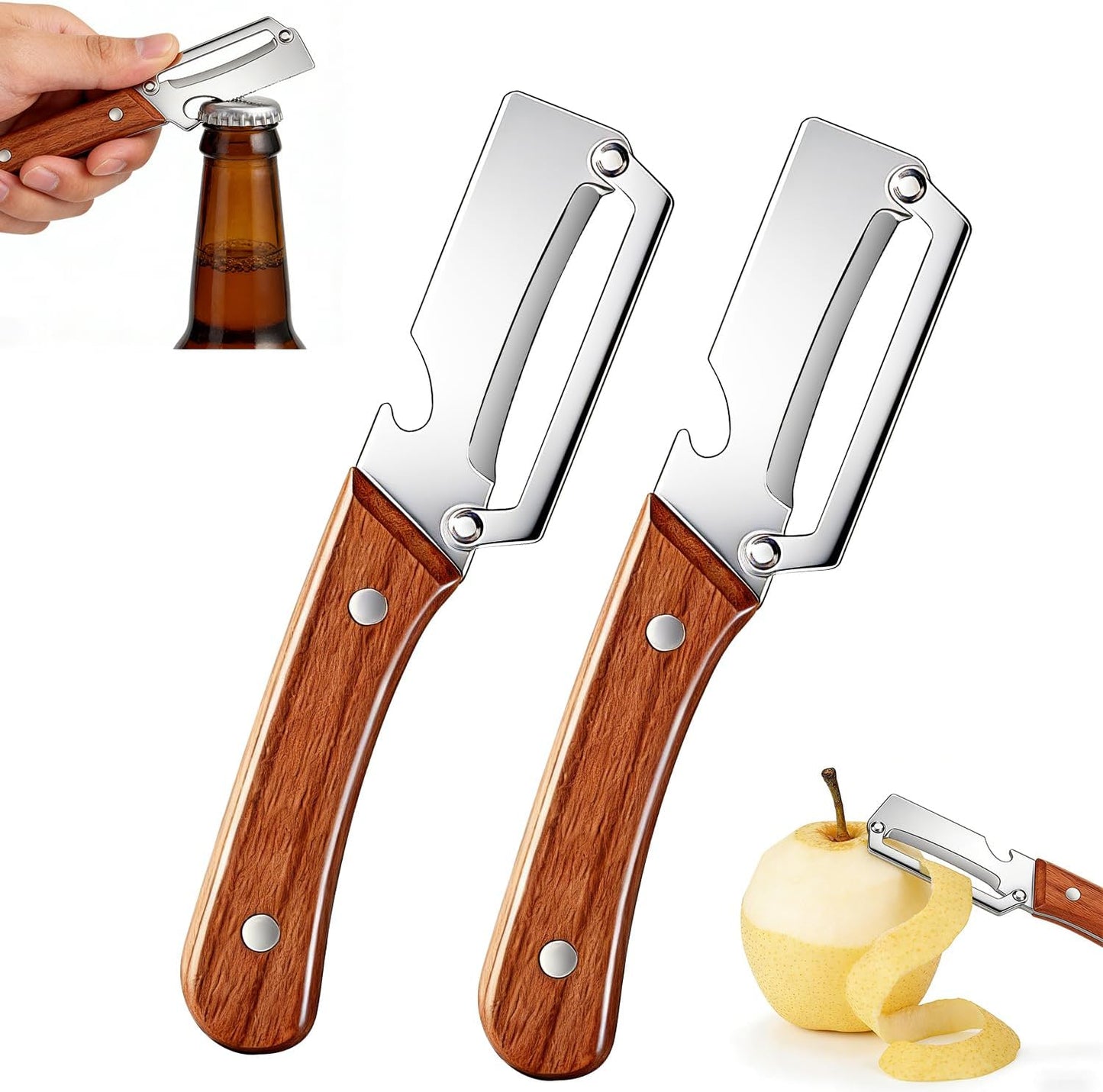 2 PCS Multi-Functional Vegetable Peeler for Kitchen, 2 in 1 Stainless Steel Vegetable Peeler with Wooden Handle and Bottle Opener, Kitchen Tool for Vegetables or Fruits that Need to Be Peeled