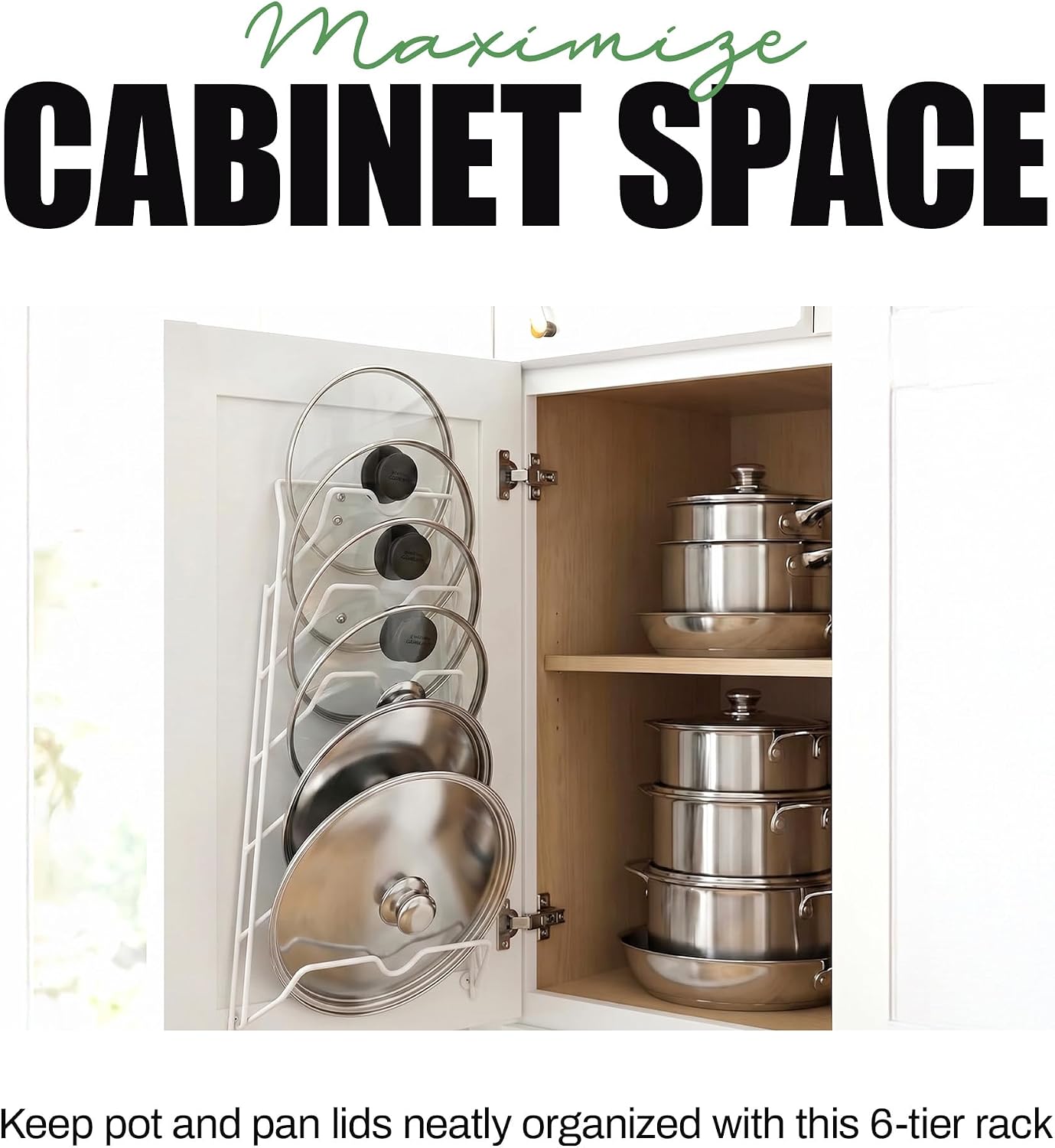Evelots 6 Pot Lid Organizer for Cabinet Door or Pantry Wall - Closet Door Pots and Pans Lids Holder - Glass or Metal Pan Covers Cabinet Organizer Kitchen Storage - White 6 Tier Lid Rack