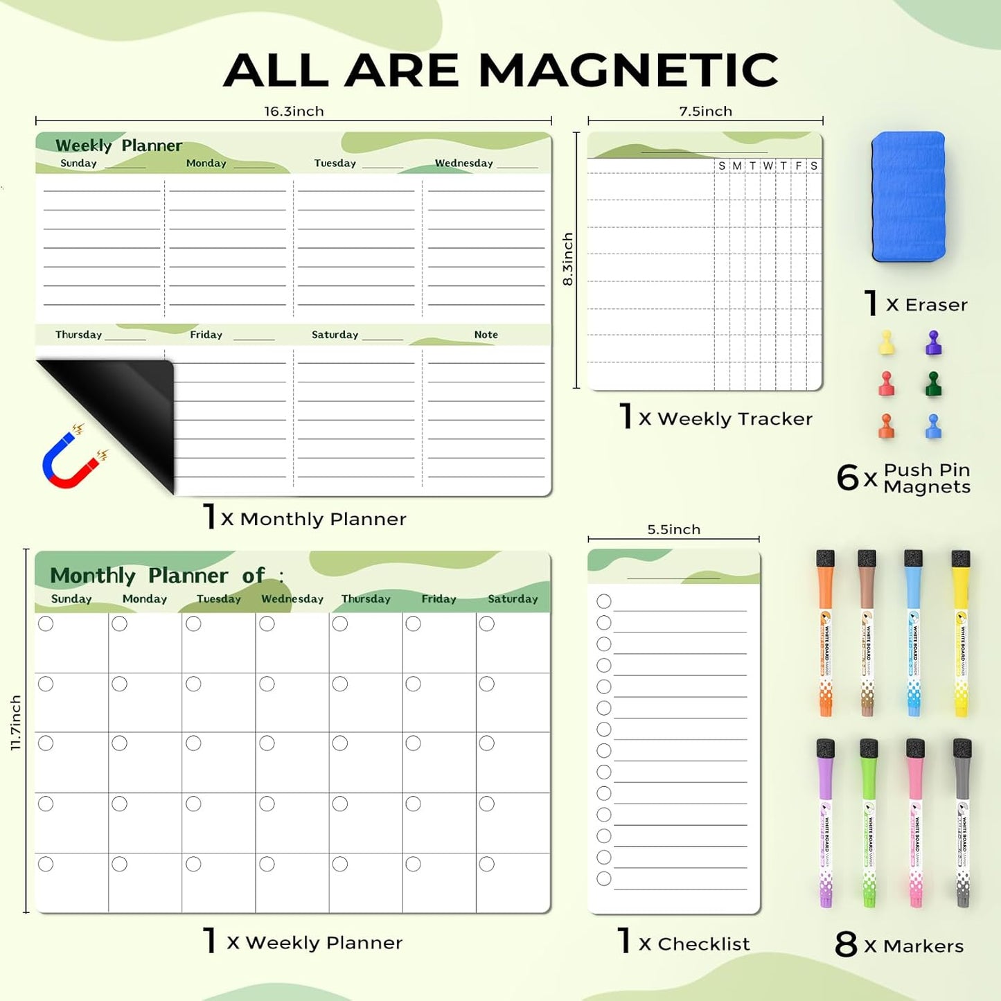 Refrigerator Calendar Magnetic, 16.3x11.7” (4-Pack) – Weekly & Monthly Planner, Chore Chart, Grocery/to-Do List for Fridge, Includes 8 Markers, 6 Magnets & 1 Eraser for Kitchen, Yellow