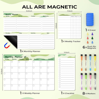 Refrigerator Calendar Magnetic, 16.3x11.7” (4-Pack) – Weekly & Monthly Planner, Chore Chart, Grocery/to-Do List for Fridge, Includes 8 Markers, 6 Magnets & 1 Eraser for Kitchen, Yellow