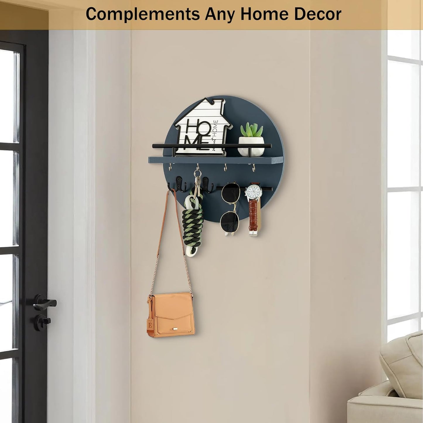 Key Holder for Wall Decorative with Shelf and Hooks, Mail Organizer Wall Mount with Sunglasses Holder, Circular Design Entryway Key Rack Hanger, Rustic Home Decor Boho Wall Decor (White)