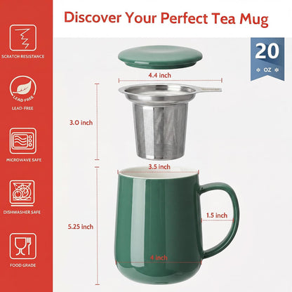 Sweese 20 OZ Porcelain Tea Mug with Infuser and Lid, Loose Leaf Tea Cup, Gifts for Tea Lover - Mint Green