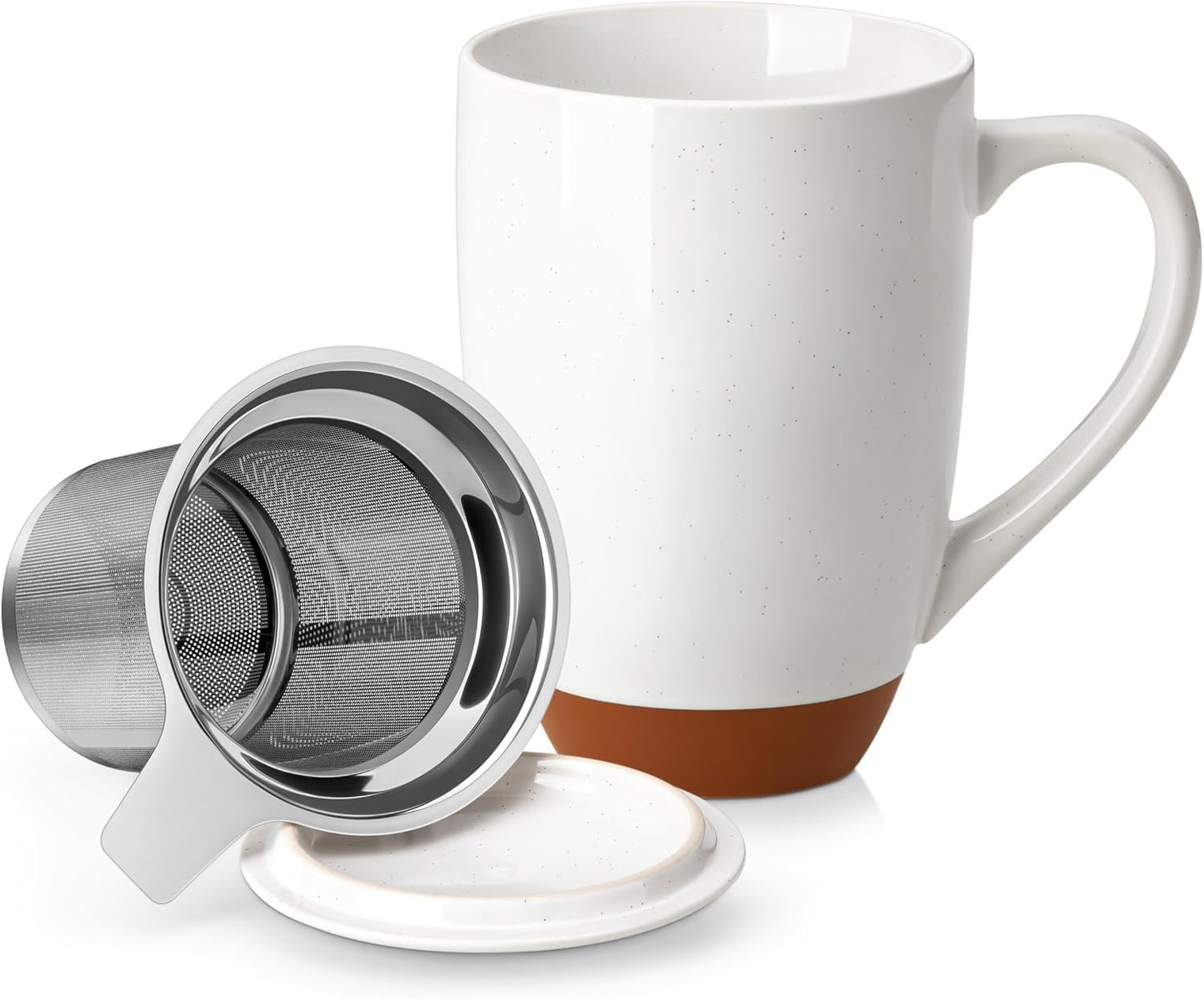 MALACASA Ceramic Tea Mug with Lid and Stainless Steel Infuser, 18 oz Large Tea Cup for Loose Leaf Tea, Heat-Resistant, Microwave & Dishwasher Safe, Speckled Glaze Coffee & Tea Brewer Mug, Khaki Brown