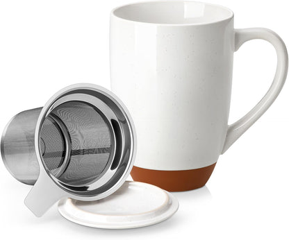 MALACASA Ceramic Tea Mug with Lid and Stainless Steel Infuser, 18 oz Large Tea Cup for Loose Leaf Tea, Heat-Resistant, Microwave & Dishwasher Safe, Speckled Glaze Coffee & Tea Brewer Mug, Khaki Brown
