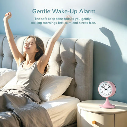Alarm Clock, Metal 3 inch Silent Non Ticking Small Clock with Night Light, Battery Operated, Desk Analog Clock for Bedrooms Decoration, Old Fashioned Style Clock for Bedside, Adult, Gift