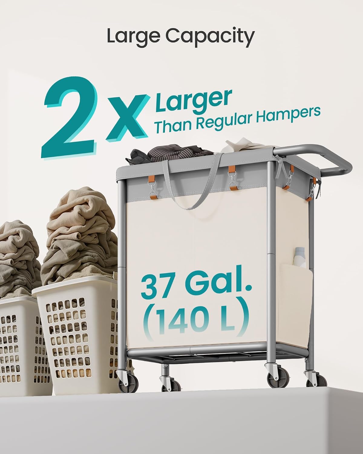 SONGMICS Laundry Basket with Wheels, 4-Section Rolling Laundry Hamper, 68.6 Gallons (260 L), Removable Liner, Steel Frame with Handle, 43.3 x 15.4 x 31.9 Inches, Cream White URLS014W01