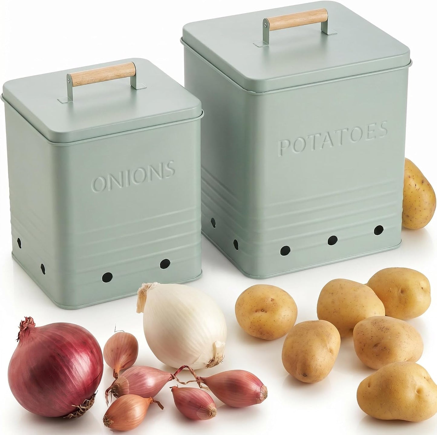 Beautiful Potato and Onion Storage Container Set - Food Safe Metal Bins | Spacious 10.1" and 8.9" Canisters for Your Kitchen Counter or Pantry - Keeps Produce Fresh Longer
