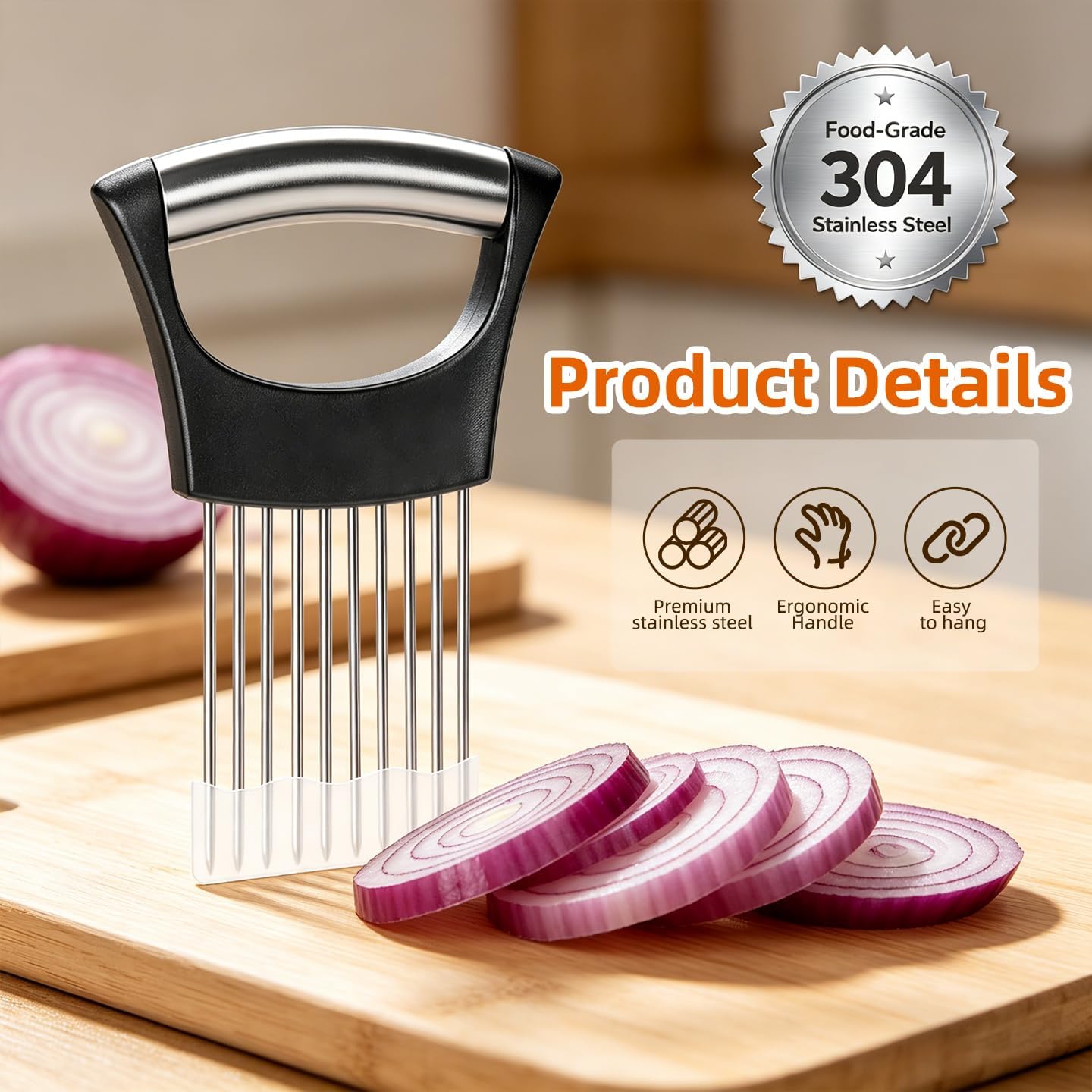 Premium Stainless Steel Onion Slicer, Onion Holder for Slicing, Vegetable Cutter Chopper, Fruit Tomato Slicer, Kitchen Gadgets