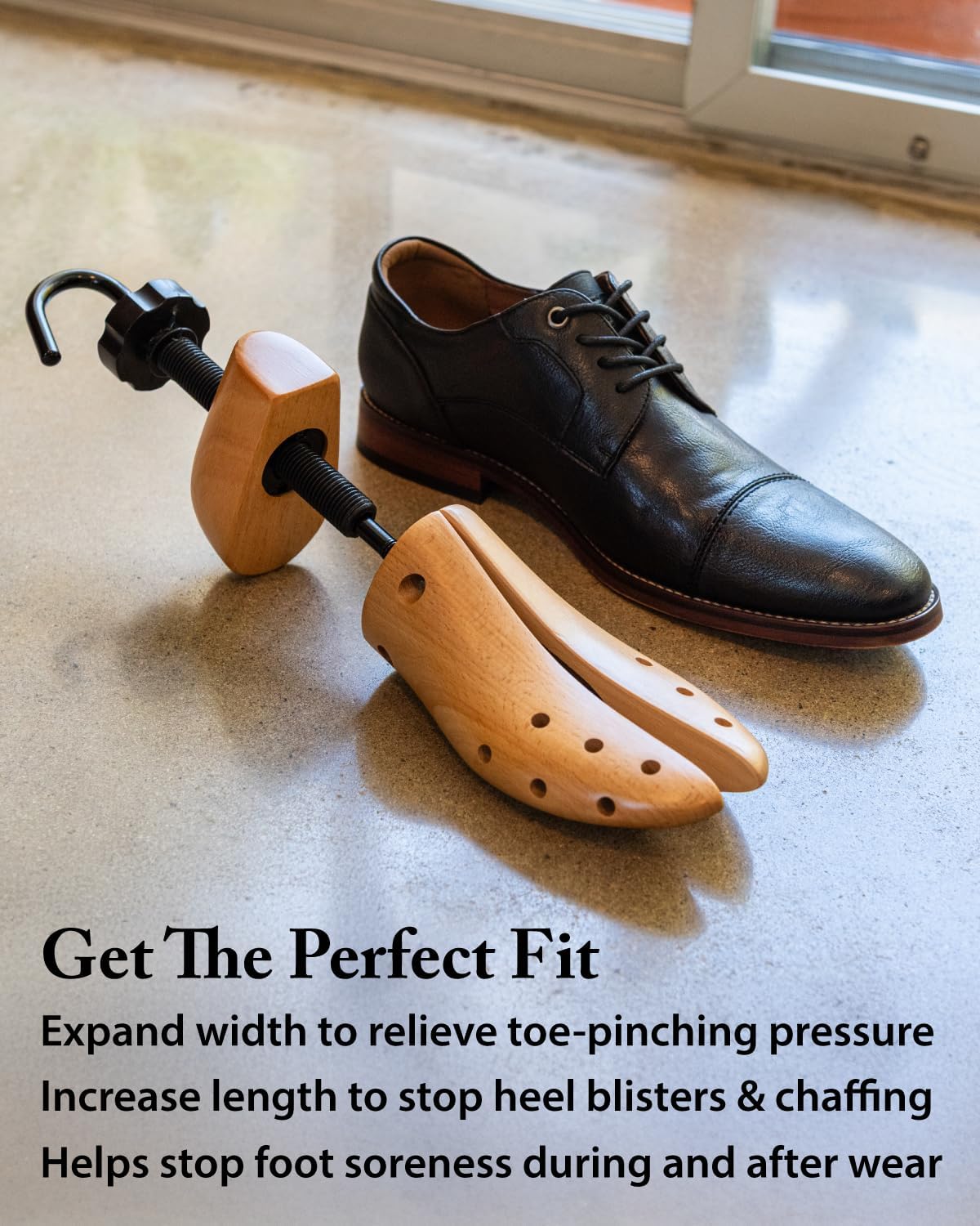 FootFitter Professional 2-Way Shoe Stretcher, Length & Width Expander | Durable Wooden Stretcher Extends Up to ½ a Size, Adds Targeted Stretch for Tight Areas with Metal Relief Spot Plugs