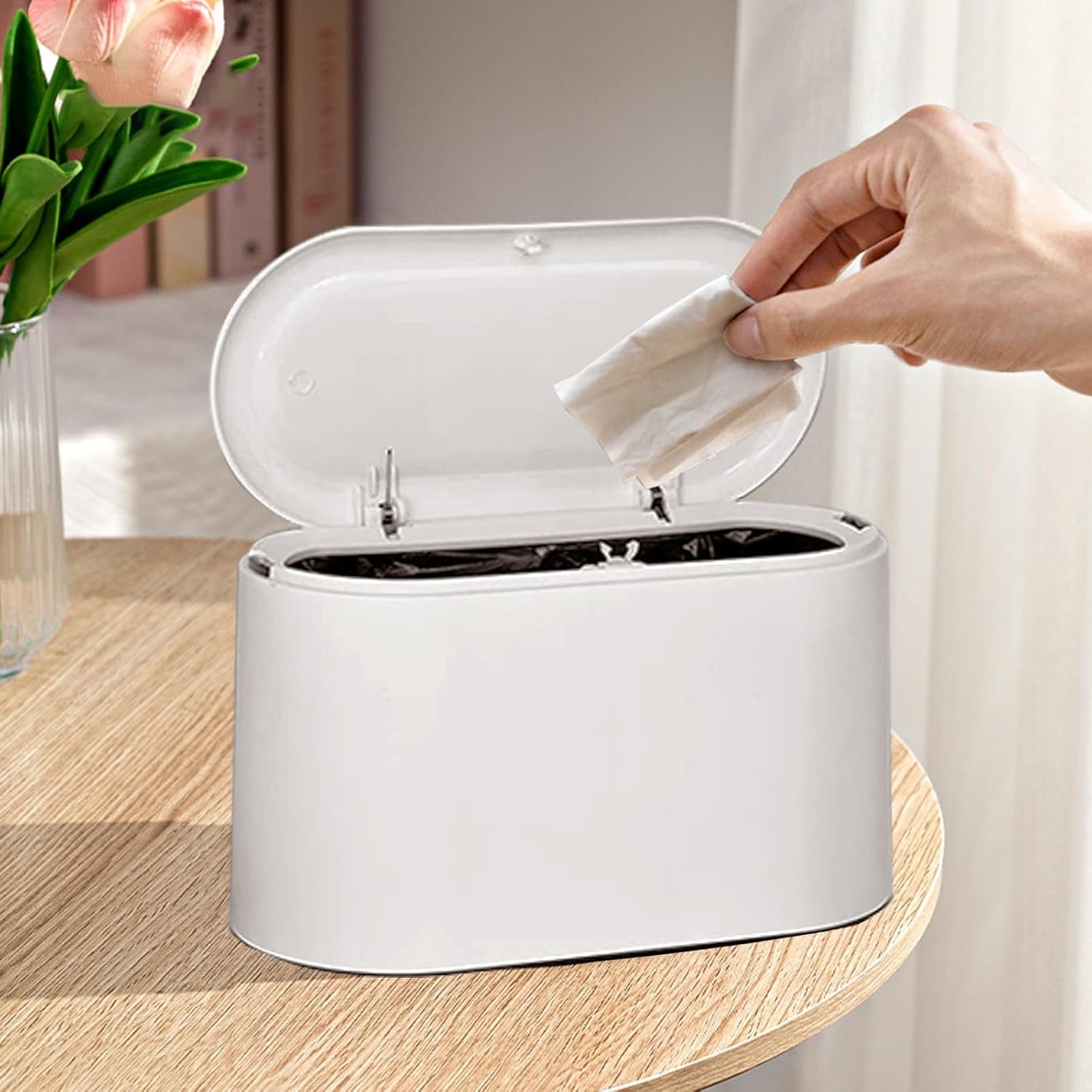 LTWQLing Mini Trash Can with Lid - Removable Small Garbage Can, Tiny Plastic Trash Bin, Pop Up Countertop Wastebasket, Counter Garbage Lint Bin for Bathroom,Office,Kitchen,Desk,Coffee Table(White)