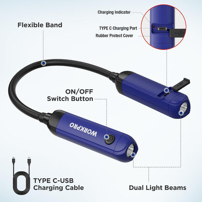 WORKPRO Rechargeable Neck Light, 3 Brightness Hands-Free Neck Work Light | Hands-Free Bendable Silicone Arm, Neck Flashlight Lamp, for Mechanics, Camping, DIY Projects, Crafting, Blue and Black