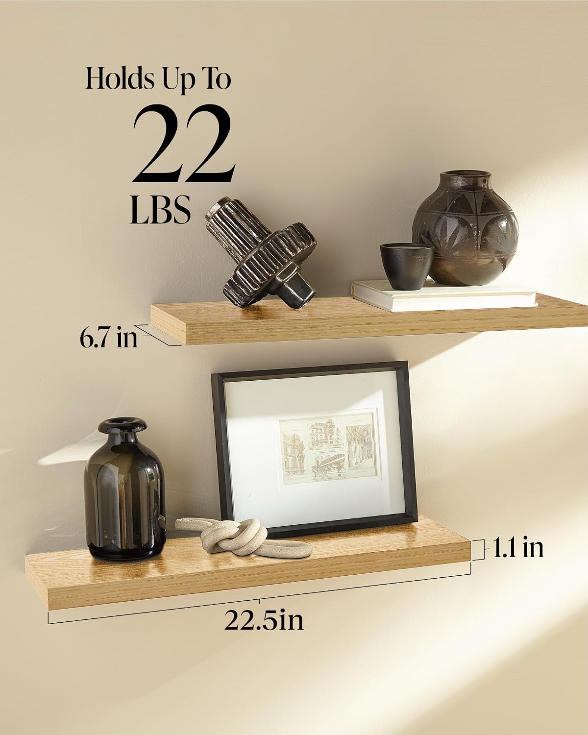 BAYKA Rustic Brown Floating Shelves 22.5in, Set of 2, Wall Mount Wood Shelf | Easy Install, 22lbs Max Load, Hidden Bracket, for Bathroom Bedroom Living Room or Kitchen, Hanging Shelf Book Decor Storage