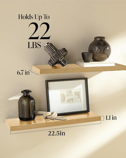 BAYKA Rustic Brown Floating Shelves 22.5in, Set of 2, Wall Mount Wood Shelf | Easy Install, 22lbs Max Load, Hidden Bracket, for Bathroom Bedroom Living Room or Kitchen, Hanging Shelf Book Decor Storage