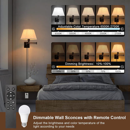 TRLIFE Wall Sconce Plug in, Dimmable Wall Sconces Set of Two Swing Arm Wall Lights with Plug in Cord and On/Off Dimmer Rotary Switch, 9.4" Medium Beige Fabric Shade(2 Pack, 2 Bulbs)