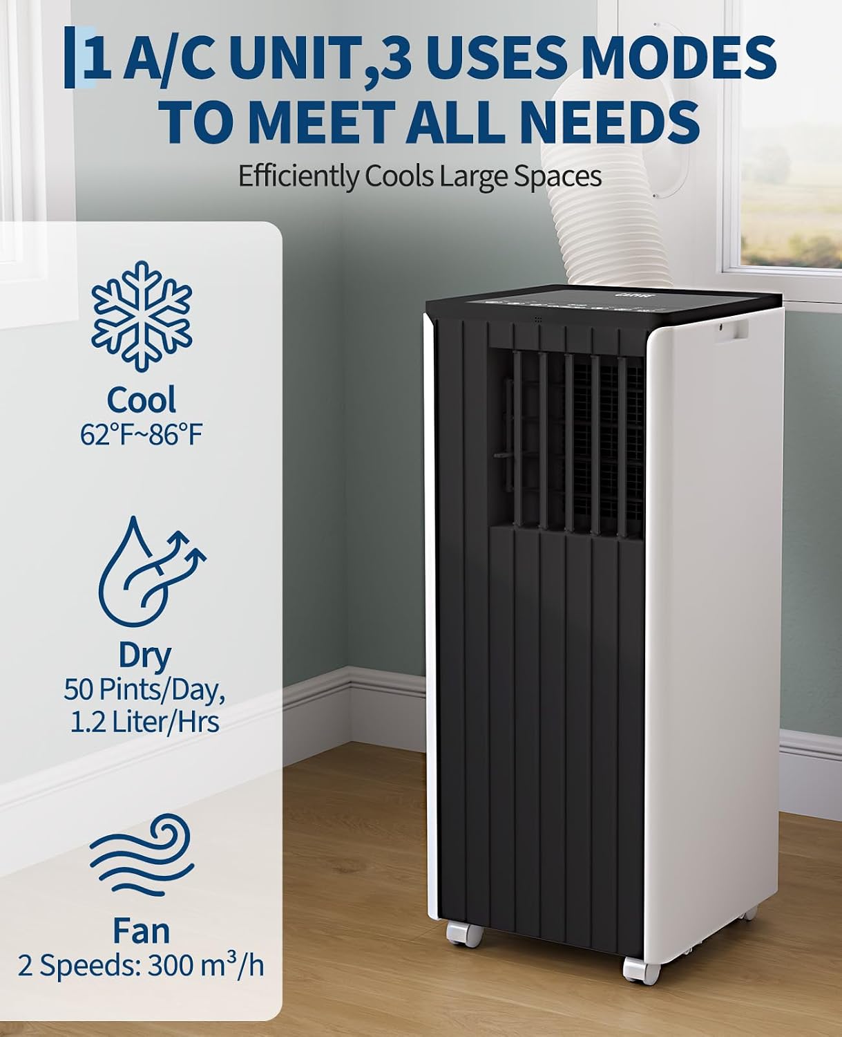 10000 BTU Portable Air Conditioner, 3 In1 Cooling Dehumidifier Fan, Quiet Fast Cooling, 4 Way Swing, LED Display, Remote, 24H Timer, 360° Wheels, Window Kit, Cools Rooms Up to 450 Sq.ft
