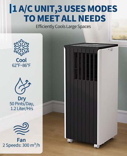 10000 BTU Portable Air Conditioner, 3 In1 Cooling Dehumidifier Fan, Quiet Fast Cooling, 4 Way Swing, LED Display, Remote, 24H Timer, 360° Wheels, Window Kit, Cools Rooms Up to 450 Sq.ft