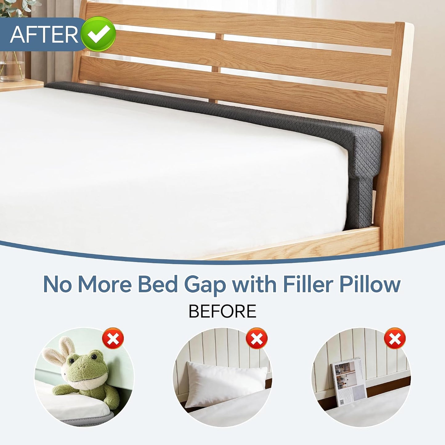 HOMBYS T-Shaped Bed Gap Filler Between Mattress and Headboard, 60'' One-Piece Connected Foam Wedge Pillow, Fits 2.3-4 Inch Bed Gaps, Prevents Pillows, Toys & Remotes from Falling, Soft Washable Cover