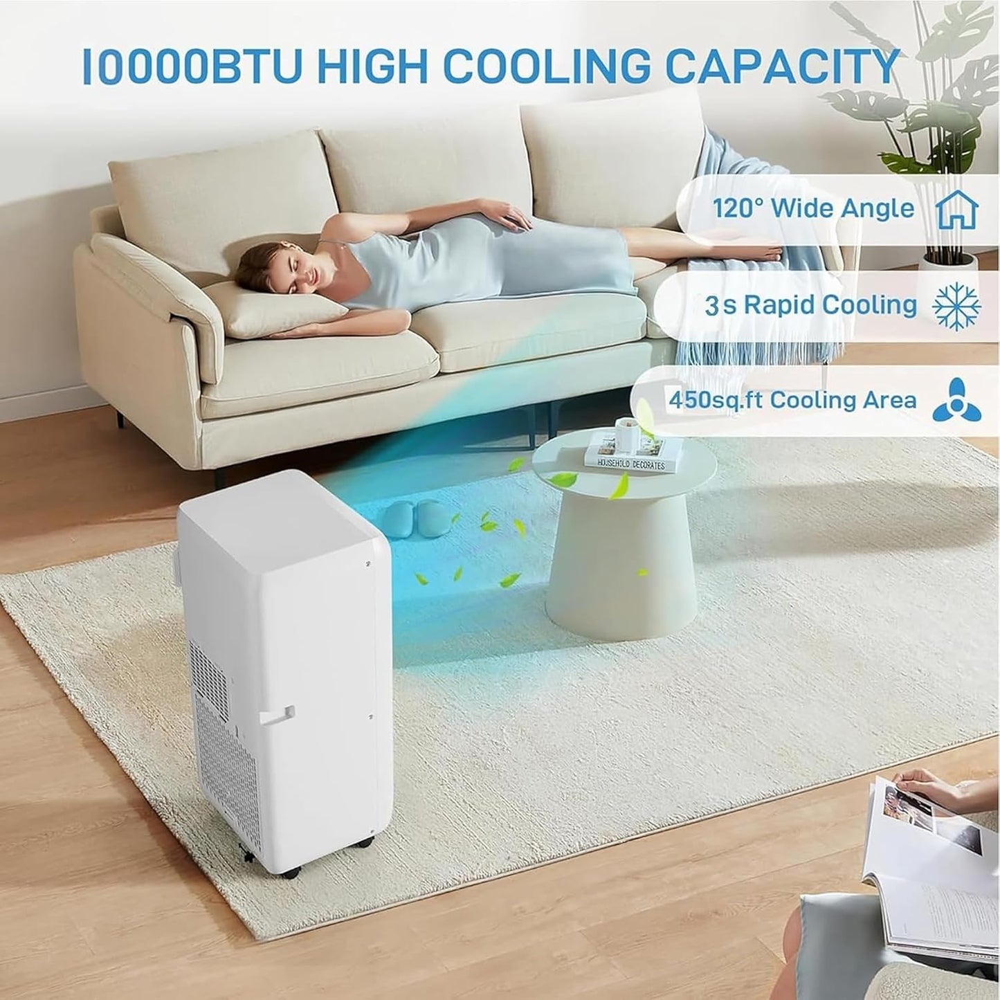 10000 BTU Portable Air Conditioner, 3 In1 Cooling Dehumidifier Fan, Quiet Fast Cooling, 4 Way Swing, LED Display, Remote, 24H Timer, 360° Wheels, Window Kit, Cools Rooms Up to 450 Sq.ft