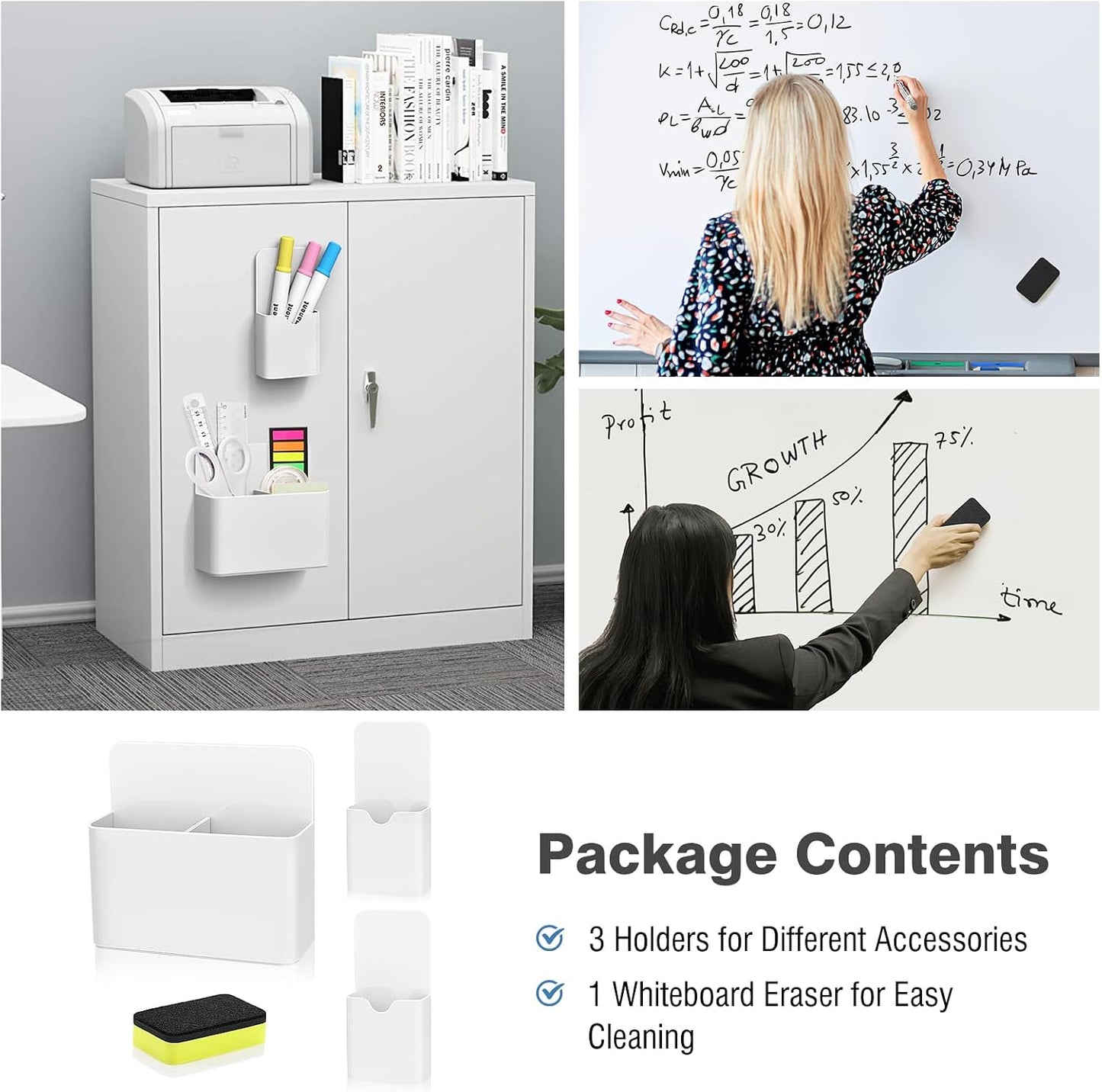 MoKo Magnetic Pen Holder, Pencil Accessories Whiteboard Organizer, White | Magnetic dry erase marker holder has two compartments and an ABS body for whiteboards, refrigerators and lockers.