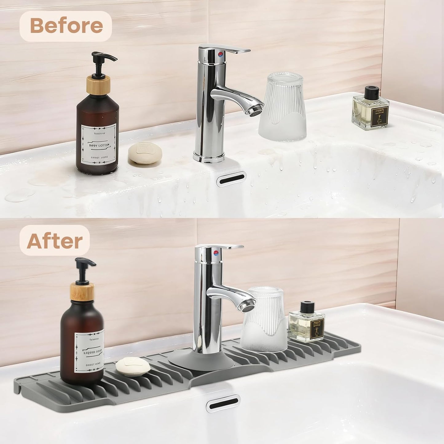 15.75 Inch Kitchen Sink Faucet Mat, Sink Protector&Splash Guard | Silicone, 10°Slope, Fast Self-draining, Snap Lock Fit, for Kitchen and Bathroom Countertop -15.75"x 5.51"
