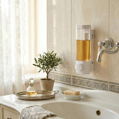 4 Pcs Manual Bathroom Wall Mounted Soap Dispenser, 300ml White Kitchen Bathroom Commercial Shower Clear Refillable Soap Dispenser Clear Plastic Refillable Liquid Lotion Pump and Organizer