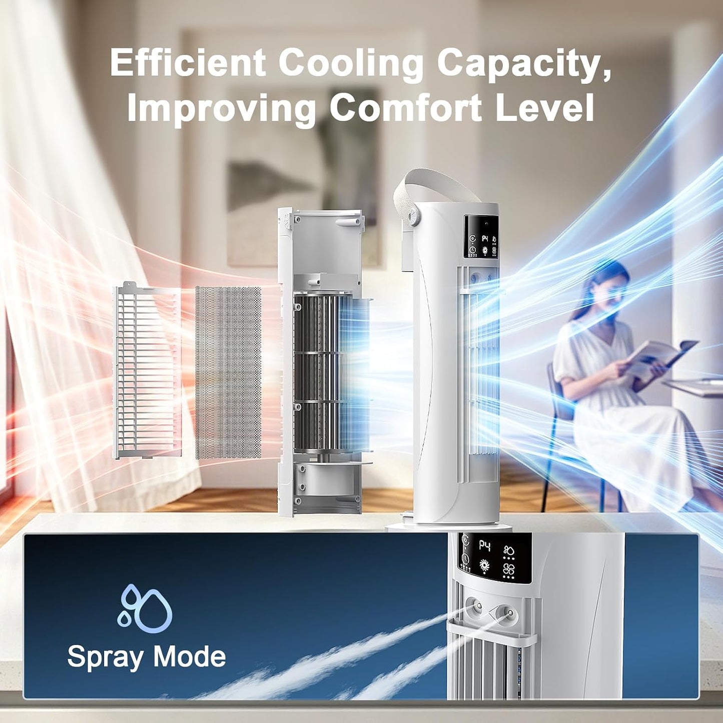 Portable Air Conditioners - 3 Speeds & Storm Mode & Mist Spray, Tower Cooling Fan with Timer, Evaporative Air Cooler 120° Oscillation for Home, Office, Bedroom - Portable AC Standing Fan (White)