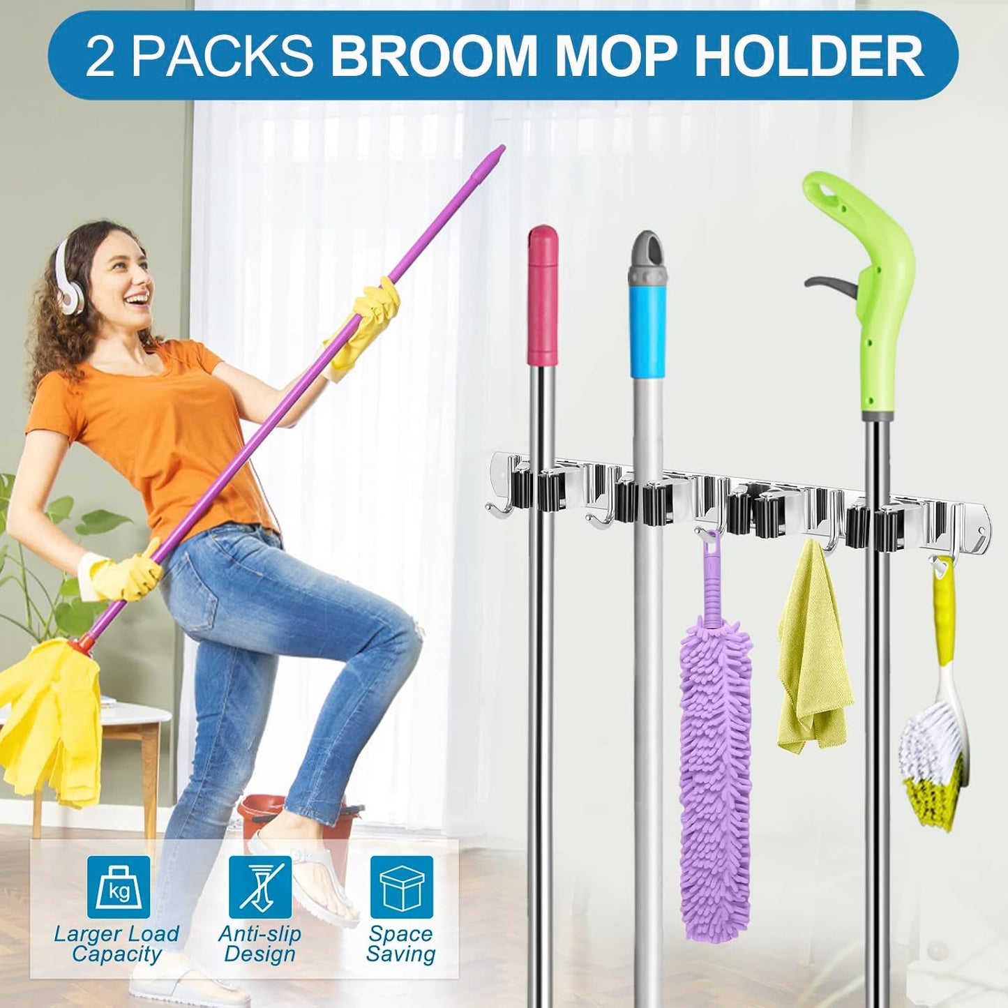 IMILLET 2 Pack Broom Holder Wall Mount Stainless Steel Mop Organizer | 5 Racks 4 Hooks Heavy Duty Garage Organization Storage,Broom and Mop Organizer Wall Hanging Self Adhesive for Laundry Room