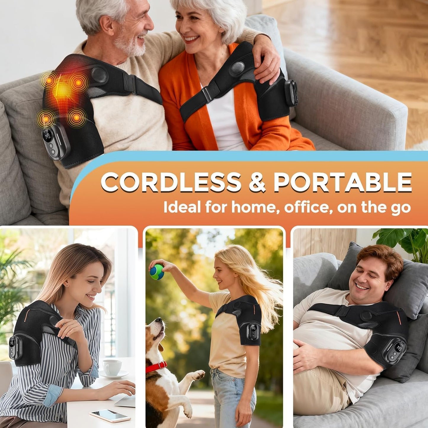 Cordless Shoulder Heating Pad with Massage & Magnetic Remote Control | Heated Shoulder Wrap for Pain Relief, Shoulder Massager for Rotator Cuff, 5 Heats & 5 Vibrations, 3 Auto Shut-Off Timers