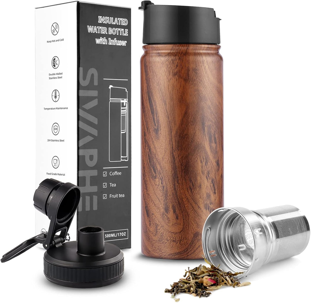 Sivaphe Infuser Travel Mug with Removable loose leaf Tea Strainer Tea Filter Water Bottle 18/8 Stainless Steel Insulated Tumbler for Women Rosegold