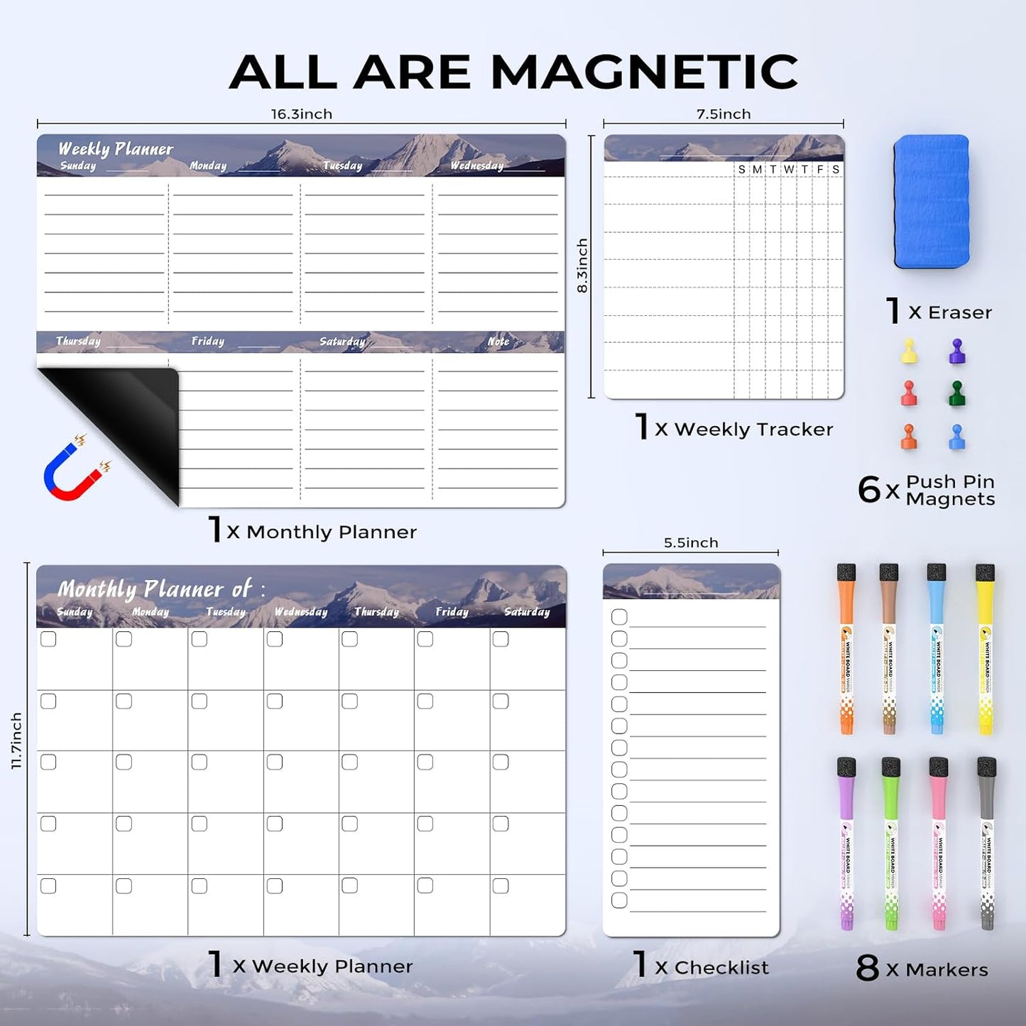 Refrigerator Calendar Magnetic, 16.3x11.7” (4-Pack) – Weekly & Monthly Planner, Chore Chart, Grocery/to-Do List for Fridge, Includes 8 Markers, 6 Magnets & 1 Eraser for Kitchen, Yellow
