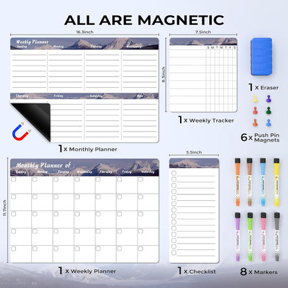 Refrigerator Calendar Magnetic, 16.3x11.7” (4-Pack) – Weekly & Monthly Planner, Chore Chart, Grocery/to-Do List for Fridge, Includes 8 Markers, 6 Magnets & 1 Eraser for Kitchen, Yellow