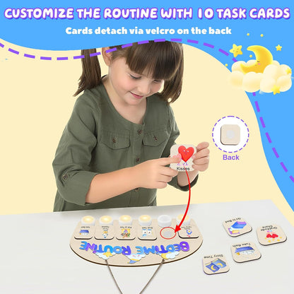 Morning Routine Chart for Toddlers, Visual Schedule Chart Planner | to Do List with 6 Tap Lights & 10 Activity Cards, Wooden Checklist Schedule Board for Kids, Autism, Preschoolers, ADHD Tools