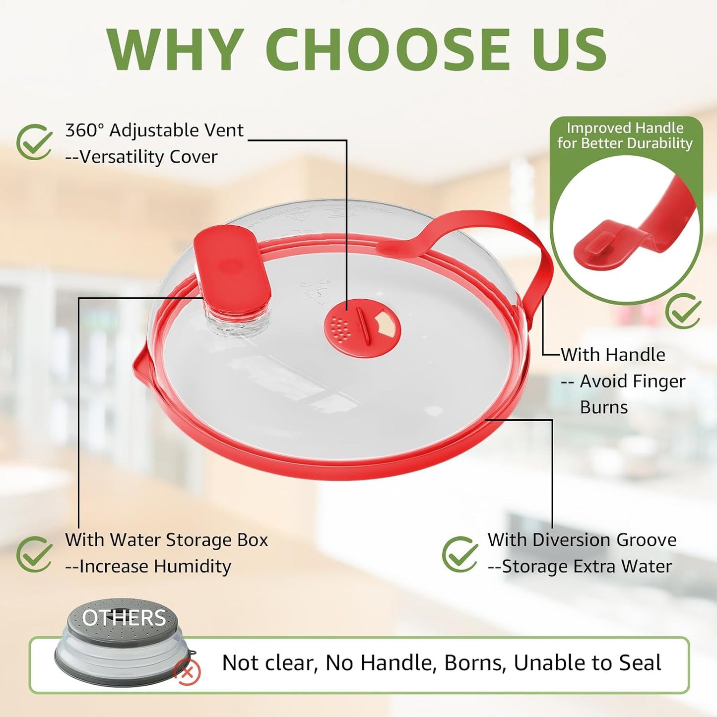 Microwave Splatter Cover with Water Steamer for Food - 10 Inch Steam Microwave Splatter Guard with Handle Plate Covers for Heating Food Splash Oven Lid with Built in Steamer