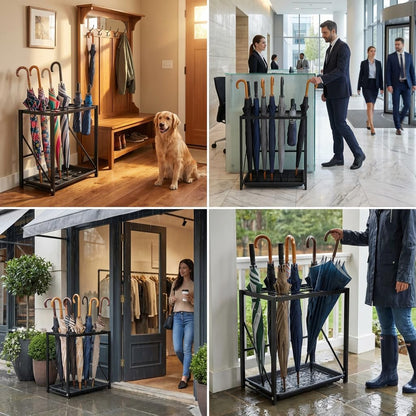 Folding Umbrella Storage Stand Rack Holder Organizer Free Standing Industrial Umbrella Rack for Entryway Home Commercial Office Hotel Entry Hallway Patio Décor with Removable Drip Tray