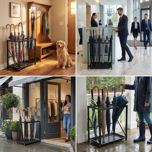 Folding Umbrella Storage Stand Rack Holder Organizer Free Standing Industrial Umbrella Rack for Entryway Home Commercial Office Hotel Entry Hallway Patio Décor with Removable Drip Tray