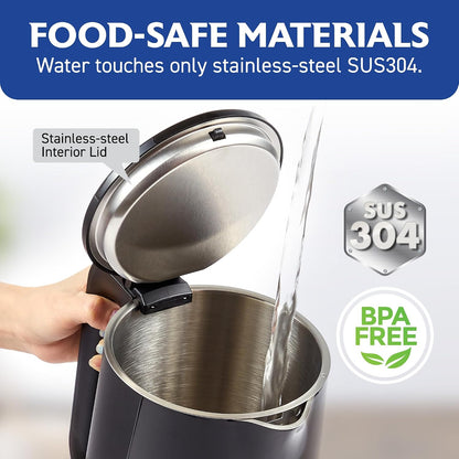 Elite Gourmet 1.7L Cool-Touch 1500W Fast Boil Kettle, Double Wall, Black | Fully Stainless Steel Lid & Interior, BPA-Free, Auto Shut-Off